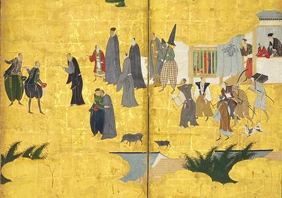 (Detail) Die südlichen Barbaren kommen zum Handel, Paar von sechsteiligen Bildschirmen, frühes 17. Jahrhundert von Kano Naizen