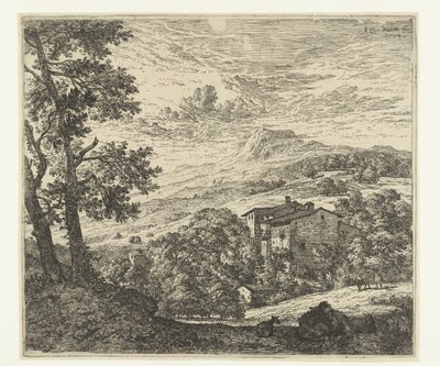 Hügellandschaft mit Häusern, Esel und zwei Schafen von Karel Du Jardin