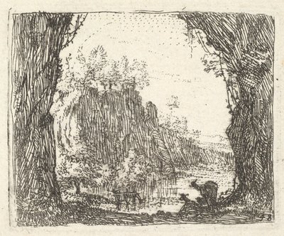 Landschaft flankiert von Bäumen im linken und rechten Vordergrund, Silhouetten von zwei Ziegen..., ca. 1641-78 von Karel Du Jardin