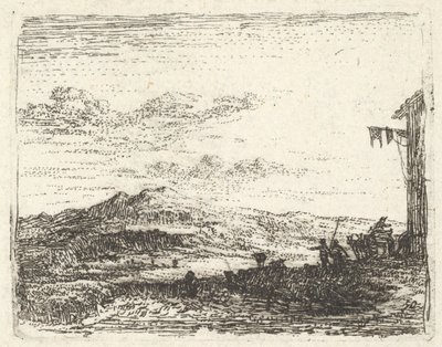 Landschaft mit Gebäudeecke und Markise ganz rechts, zwei Figuren und ein Pferd, ca. 1641-78 von Karel Du Jardin