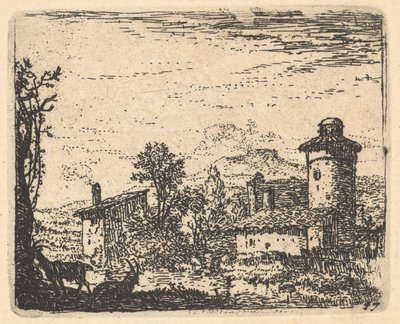 Landschaft mit zwei gehörnten Ziegen im Schatten im Vordergrund, Dorfgebäude dahinter von Karel Du Jardin