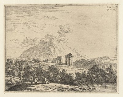 Landschaft mit Ruine und zwei Männern mit einem Hund von Karel Du Jardin