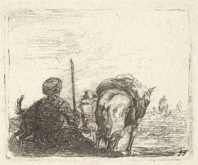 Packpferd, sitzender Mann mit Stab in der rechten Hand und Hund, alle von hinten gesehen, ca. 1641-78 von Karel Du Jardin