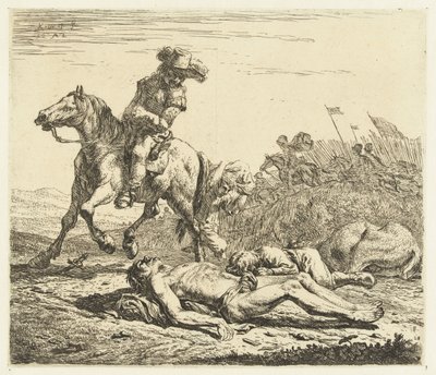 Schlachtfeld mit Soldat zu Pferd und zwei Toten von Karel Du Jardin