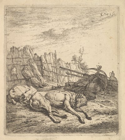 Zwei Hunde schlafen auf dem Boden, ein Pflug, landwirtschaftliche Geräte, Strohbündel, ca. 1641-78 von Karel Du Jardin