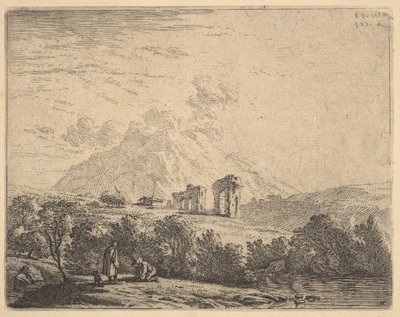 Ansicht eines Hügels mit Ruinen, einem Aquädukt und einem Berggipfel im Hintergrund, im Vordergrund ein m..., 1658 von Karel Du Jardin