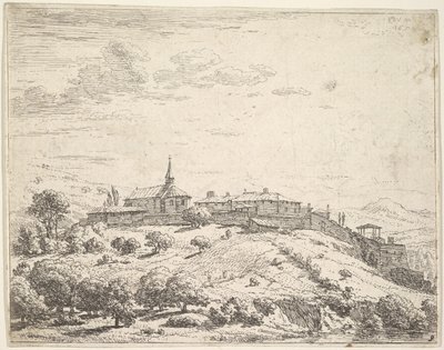 Umfriedetes Dorf auf einem Hügel, mit Kirche links und Gebäuden am Abhang gebaut, 1658 von Karel Du Jardin