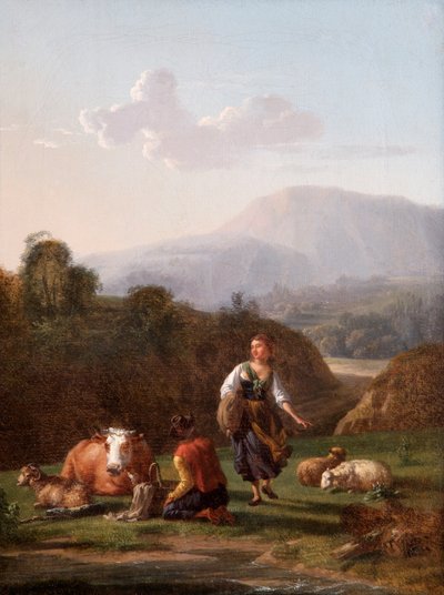 Das Flussufer: Landschaft mit Figuren und Vieh von Karel Dujardin