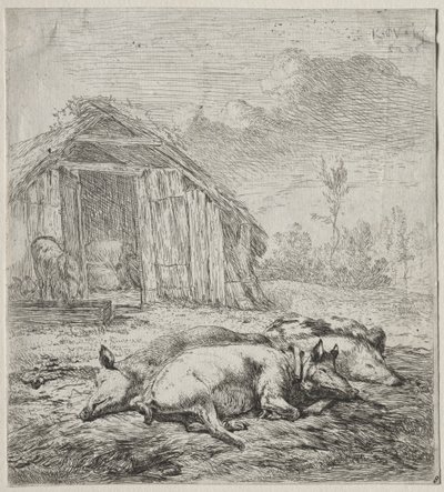Drei Schweine vor einem Stall liegend von Karel Dujardin