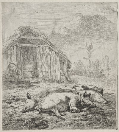Drei Schweine liegen vor einem Stall von Karel Dujardin