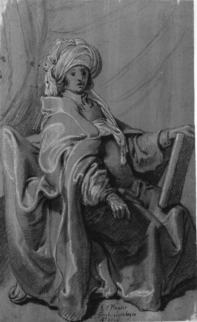 Sitzende Figur in Mantel und Turban, ein Buch haltend. Nach rechts gewandt. von Karel van III Mander