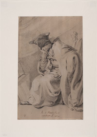 Nachdenklich sitzender junger Mann mit der Hand unter der Wange. Umhang und Pelzmütze von Karel van III Mander