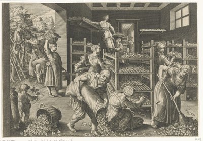 Sammeln von Maulbeerblättern und Füttern der Seidenraupen von Karel van Mallery