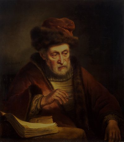 Alter Mann, der eine Brille hält von Karel van der Pluym