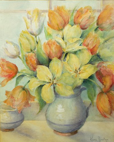 Mendel- und Darwin-Tulpen auf einer Fensterbank von Karen Armitage