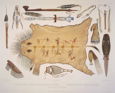 Indische Utensilien und Waffen, graviert von A. Zschokke und J. Hurliman, veröffentlicht 1840 von Karl Bodmer