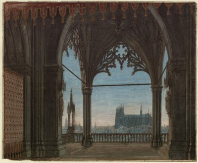 Die Jungfrau von Orleans. Trauerspiel von Friedrich Schiller. Entwurf zur 8. Dekoration. Gotische Halle mit Blick auf Reims von Karl Friedrich Schinkel