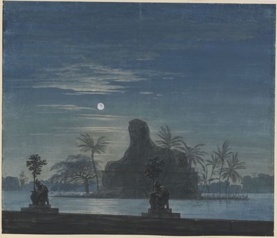 Die Zauberflöte. Oper von Wolfgang Amadeus Mozart. Entwurf zur 7. Dekoration. Garten Sarastros mit Sphinx im Mondschein von Karl Friedrich Schinkel