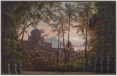 Nurmahal oder das Rosenfest von Kaschmir. Oper von Gaspare Spontini. Entwurf zur 1. Dekoration. Palastgarten mit Blick auf Kaschmir von Karl Friedrich Schinkel
