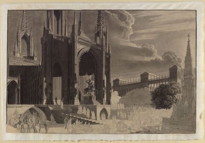 Portal eines gotischen Doms mit der Reiterstatue des heiligen Michael, gegenüber ein Brunnen und im Hintergrund ein Palast von Karl Friedrich Schinkel