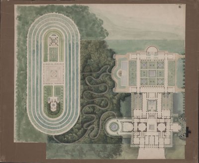 Potsdam-Sanssouci. Antikes Landhaus bei Schloss Charlottenhof. Situationsplan und Grundriss von Karl Friedrich Schinkel