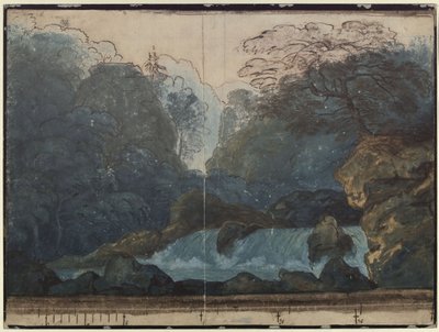 Undine. Oper von E. T. A. Hoffmann. Entwurf der 2. Dekoration. Wald mit Wasserfall von Karl Friedrich Schinkel