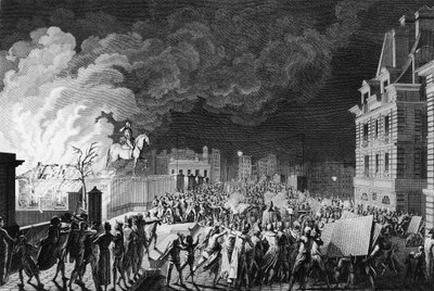 Beginn der Französischen Revolution: Brand des Wachkorps auf der Pont Neuf in Paris am 29. August 1788. Zeichnung und Gravur von Girardet. Paris, Bibliothek des Instituts für Revolutionsgeschichte von Karl Girardet