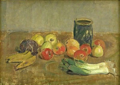 Stillleben. Äpfel, Lauch, Bananen und grüner Krug von Karl Isakson