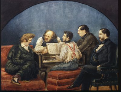 Der Komponist Michail I. Glinka und seine Freunde (Gruppenporträt von K. Briullov, M. Glinka, Y. Yanenko, N. Kukolnik) von Karl Pavlovich Bryullov