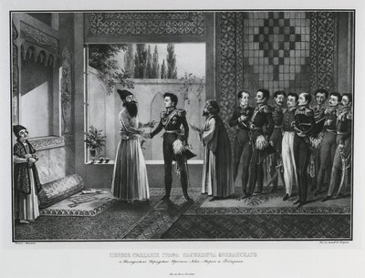 Erstes Treffen von Graf Iwan Paskevich mit Abbas Mirza, 1828 von Karl Petrovich Beggrov
