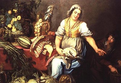 Küchenstillleben mit Obst, Gemüse und einem Mädchen, das ein Huhn hält von Kasper or Gaspar van den Hoecke