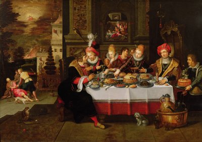 Lazarus und der Tisch des reichen Mannes (aus Lukas XVI) (Tafel) von Kasper or Gaspar van den Hoecke