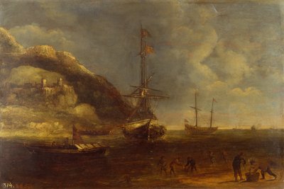 Küstenansicht mit Schiffen und Fischern im Vordergrund von Kasper van Eyck