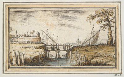 Fußgängerbrücke mit Bastion und Schiffen in der Ferne von Kasper van Eyck