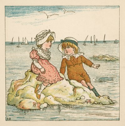 Junge und Mädchen auf einem Felsen gestrandet (Farblitho) von Kate (after) Greenaway