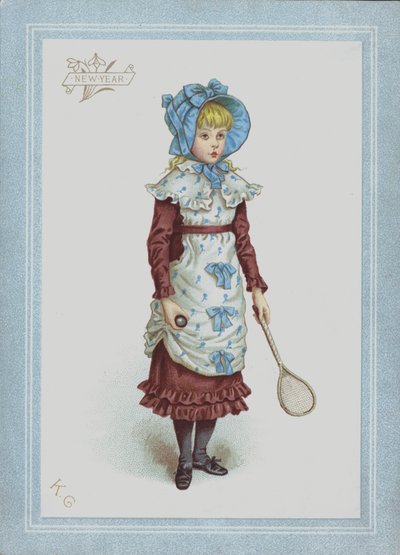 Mädchen im Kleid und mit Haube, hält Federball und Schläger von Kate (after) Greenaway