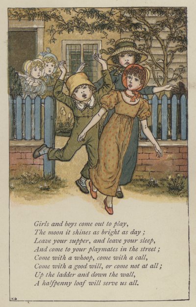 Mädchen und Jungen kommen zum Spielen heraus von Kate (after) Greenaway