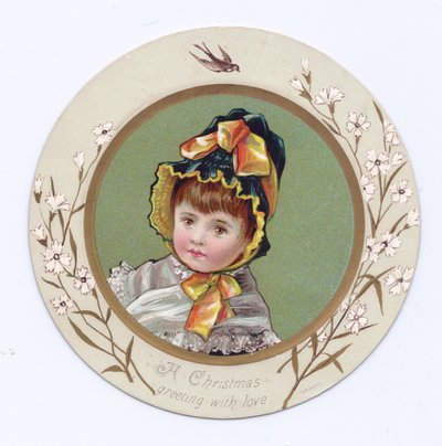 Viktorianische Grußkarte von einem Jungen, der seinen Arm um ein Mädchen legt und ein Buch betrachtet, ca. 1880 von Kate Greenaway