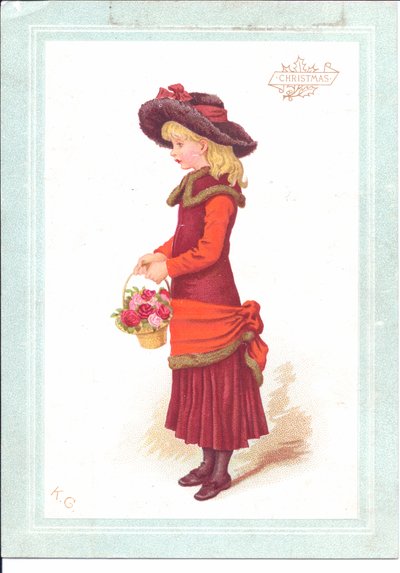 Viktorianische Grußkarte eines Kindes in Regency-Kleidung, ca. 1880 von Kate Greenaway