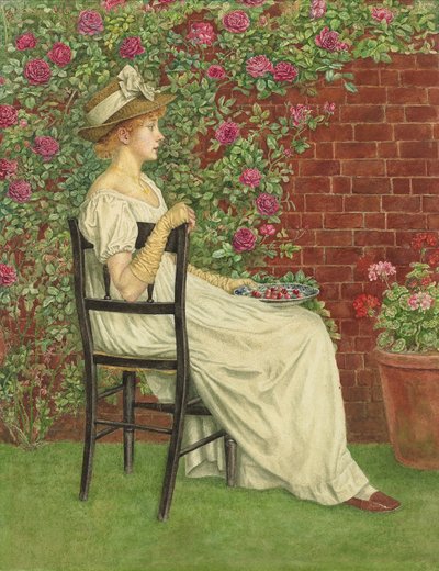 Ein junges Mädchen sitzt in einem Stuhl, eine Schale Kirschen in der Hand von Kate Greenaway