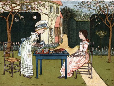Tageszeit: Zwei junge Mädchen kosten im Garten. Illustration von Kate Greenaway (1846-1901) aus dem Kinderbuch „Under The Window“ (1879), herausgegeben von Edmund Evans. von Kate Greenaway