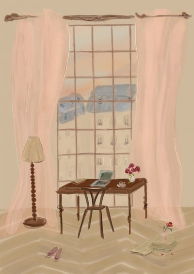 Paris Fensterblick Illustration mit rustikalem Schreibtisch von Katharina Puritscher