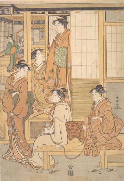 Gruppe junger Frauen auf der Veranda eines Teehauses, spätes 18. Jahrhundert von Katsukawa Shuncho