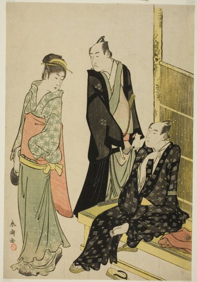 Die Schauspieler Onoe Matsusuke I und Ichikawa Omezo I in einem Teehaus von Katsukawa Shuncho