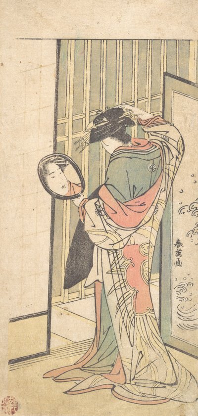 Eine Kurtisane betrachtet ihr Spiegelbild in einem Handspiegel, ca. 1787 von Katsukawa Shun