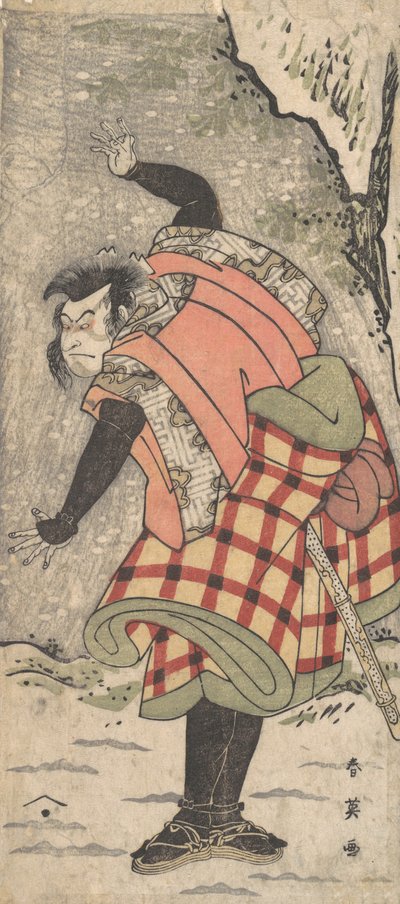 Unidentifizierter Schauspieler als Kyokaku am Fuße einer Klippe im Schneesturm, ca. 1793 von Katsukawa Shun