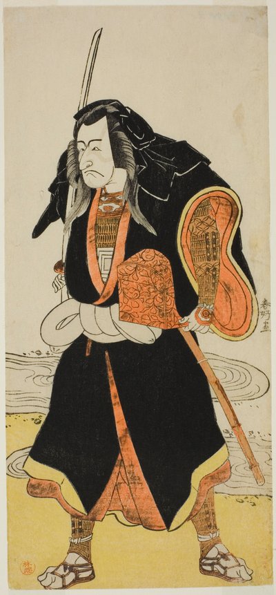 Der Schauspieler Ichikawa Danjuro V, wahrscheinlich als Ise no Saburo verkleidet als Sanjo Uemon, Anführer einer Räuberbande, im zweiten Teil des Stücks Fude-hajime Kanjincho (Erste Kalligraphie des neuen Jahres: Kanjincho [Die Abonnentenliste]), aufgeführ von Katsukawa Shunkо̄