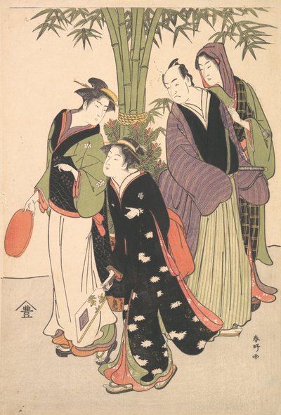 Kabuki-Schauspieler Segawa Kikunojo III und Ichikawa Monnosuke II und zwei Kurtisanen feiern..., ca. 1790er von Katsukawa Shunko