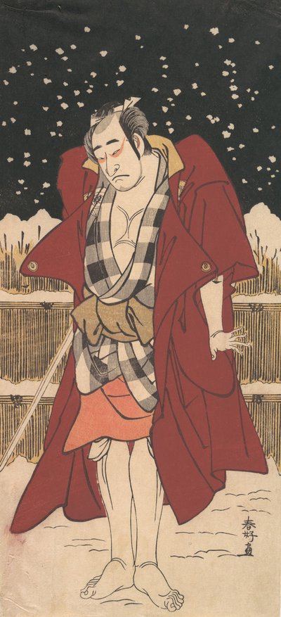 Onoe Matsusuke als bewaffneter Mann, der im Schnee vor einem Zaun steht, 1786 von Katsukawa Shunko