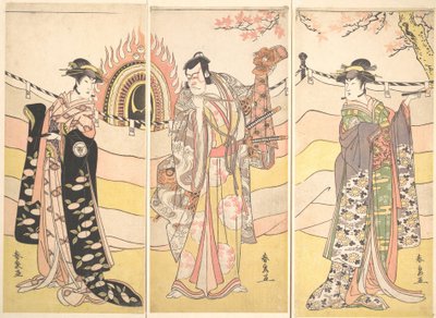 Drei Schauspieler in schönen Kostümen führen einen religiösen Tanz auf, ca. 1785 von Katsukawa Shunsen
